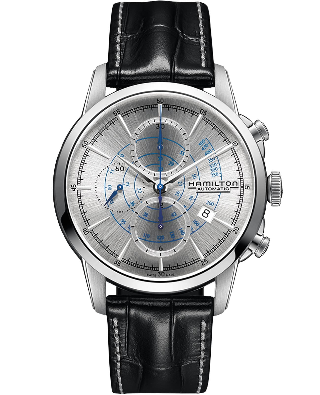 Hamilton Hamilton American Classic RailRoad Auto Chrono H40656781  H40656781 механические мужские часы серебристый циферблат, браслет кожаный — вид спереди