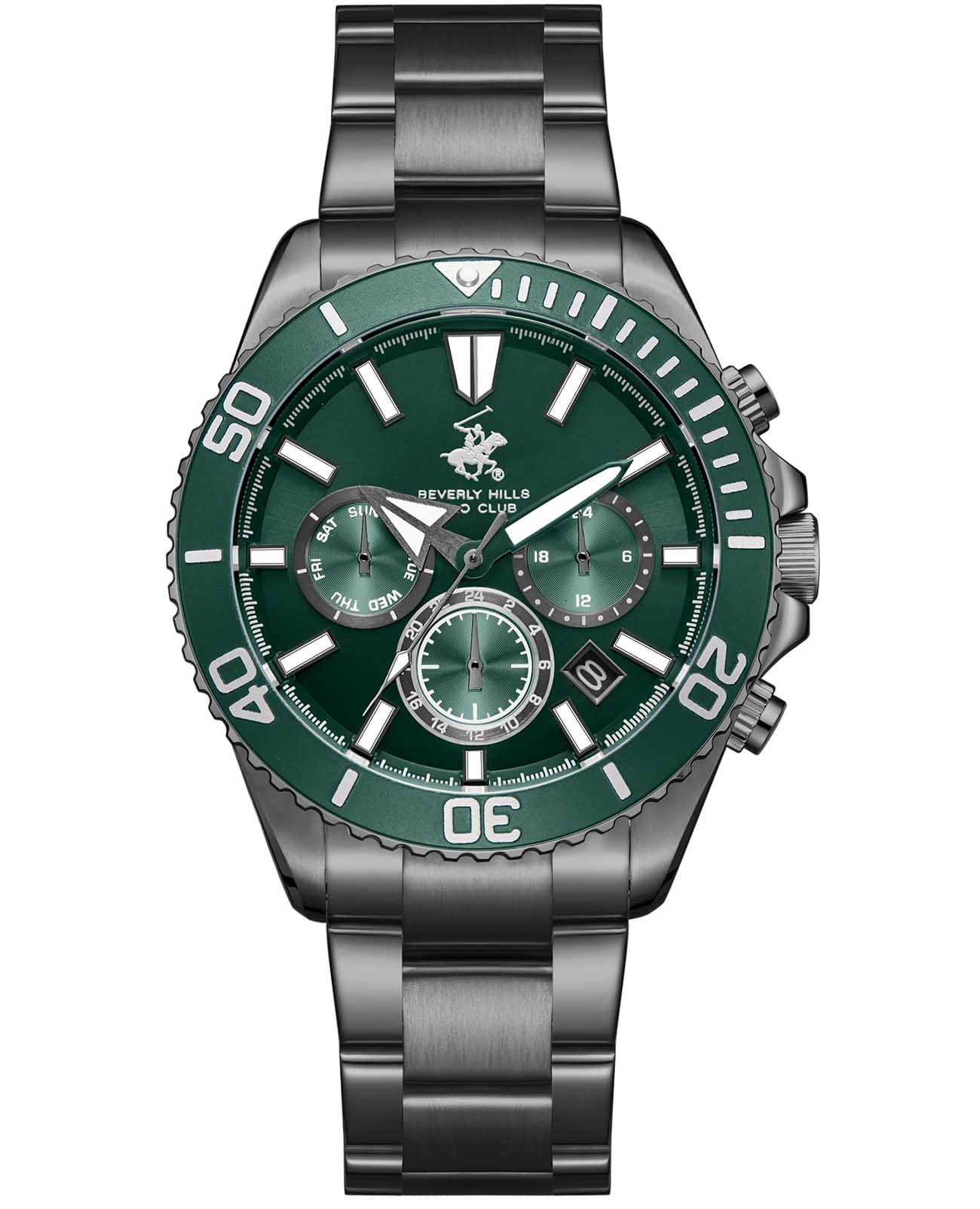 Beverly Hills Polo Club Beverly Hills Polo Club BP3721X.070  BP3721X.070 кварцевые мужские часы зеленый циферблат, браслет нержавеющая сталь с pvd-покрытием — вид спереди