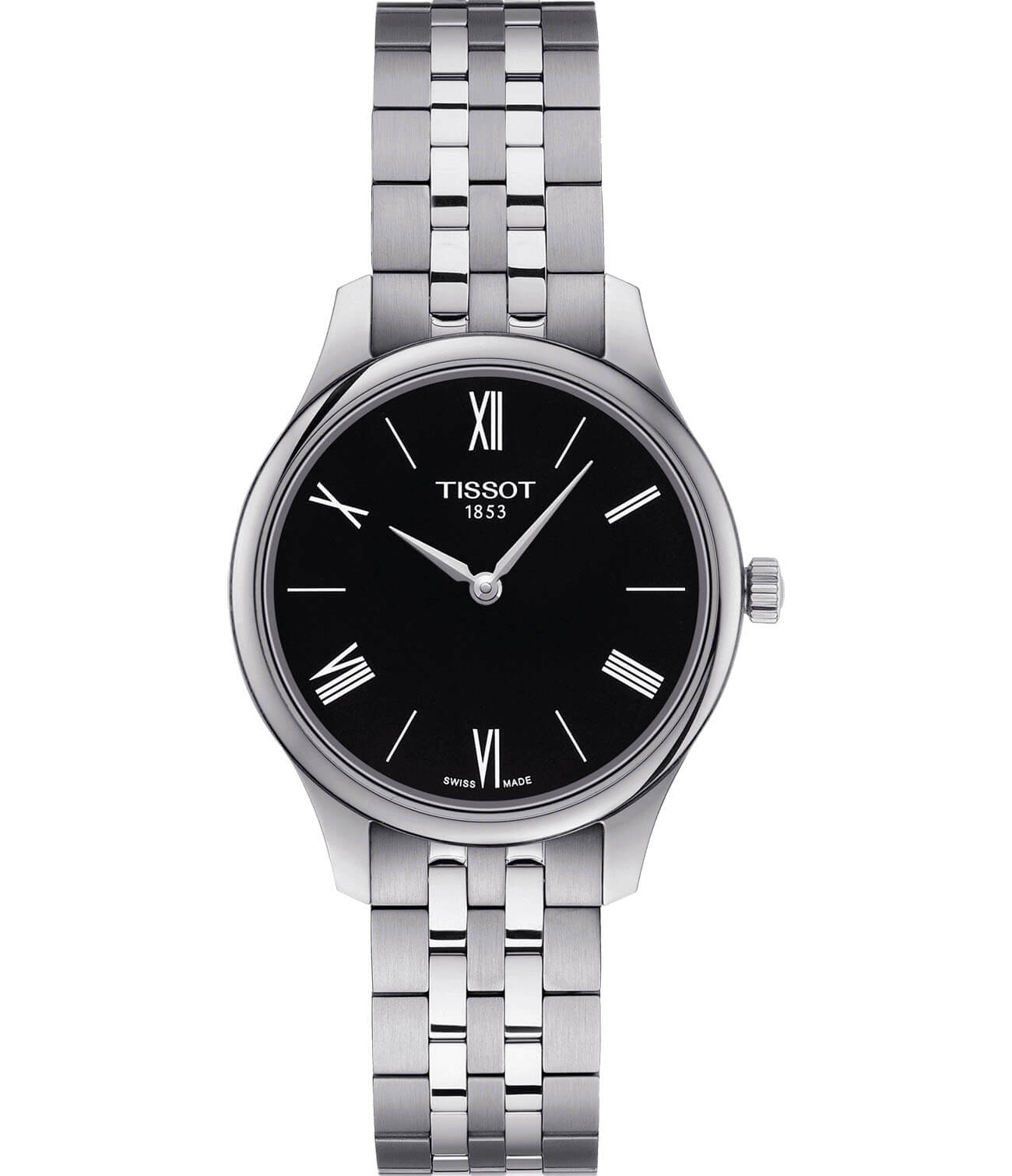 Tissot Tissot Tradition 5.5 Lady T063.209.11.058.00 Tradition T0632091105800 кварцевые женские часы черный циферблат, браслет нержавеющая сталь — вид спереди
