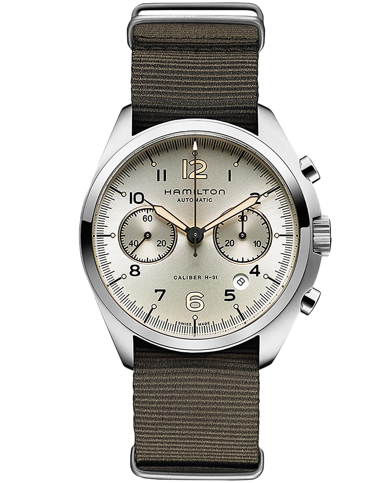 Hamilton Hamilton Khaki Aviation Pilot Pioneer Auto Chrono H76456955  H76456955 механические мужские часы бежевый циферблат, браслет тканевый — вид спереди