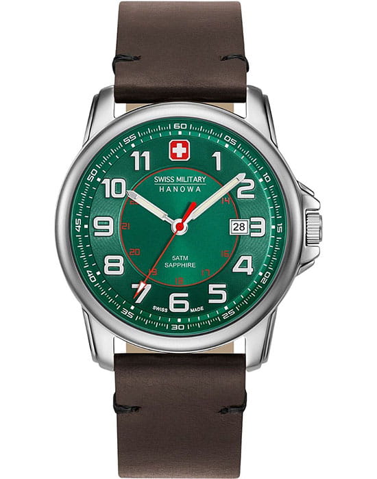 Swiss Military Hanowa Swiss Military Hanowa 06-4330.04.006  06-4330.04.006 кварцевые мужские часы зеленый циферблат, браслет кожаный — вид спереди