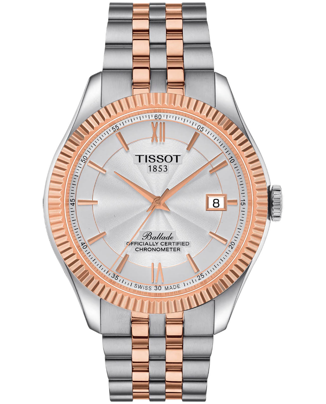 Tissot Tissot Ballade Powermatic 80 Silicium T108.408.22.278.00 Ballade T1084082227800 механические мужские часы серебристый циферблат, браслет сталь c pvd покрытием — вид спереди