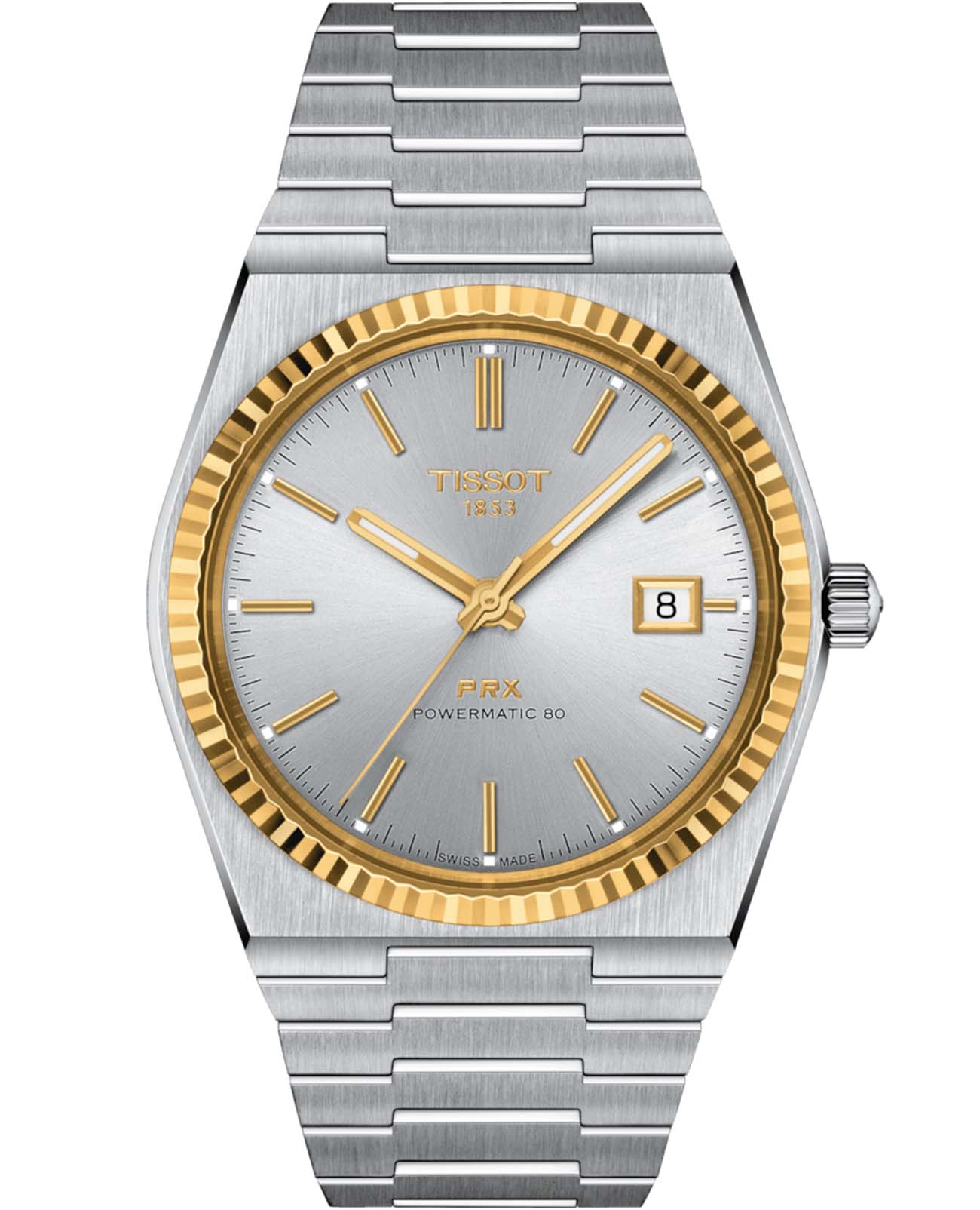 Tissot Tissot PRX Powermatic 80 Steel & 18k Gold T931.407.41.031.01  T9314074103101 механические мужские часы серебристый циферблат, браслет нержавеющая сталь — вид спереди