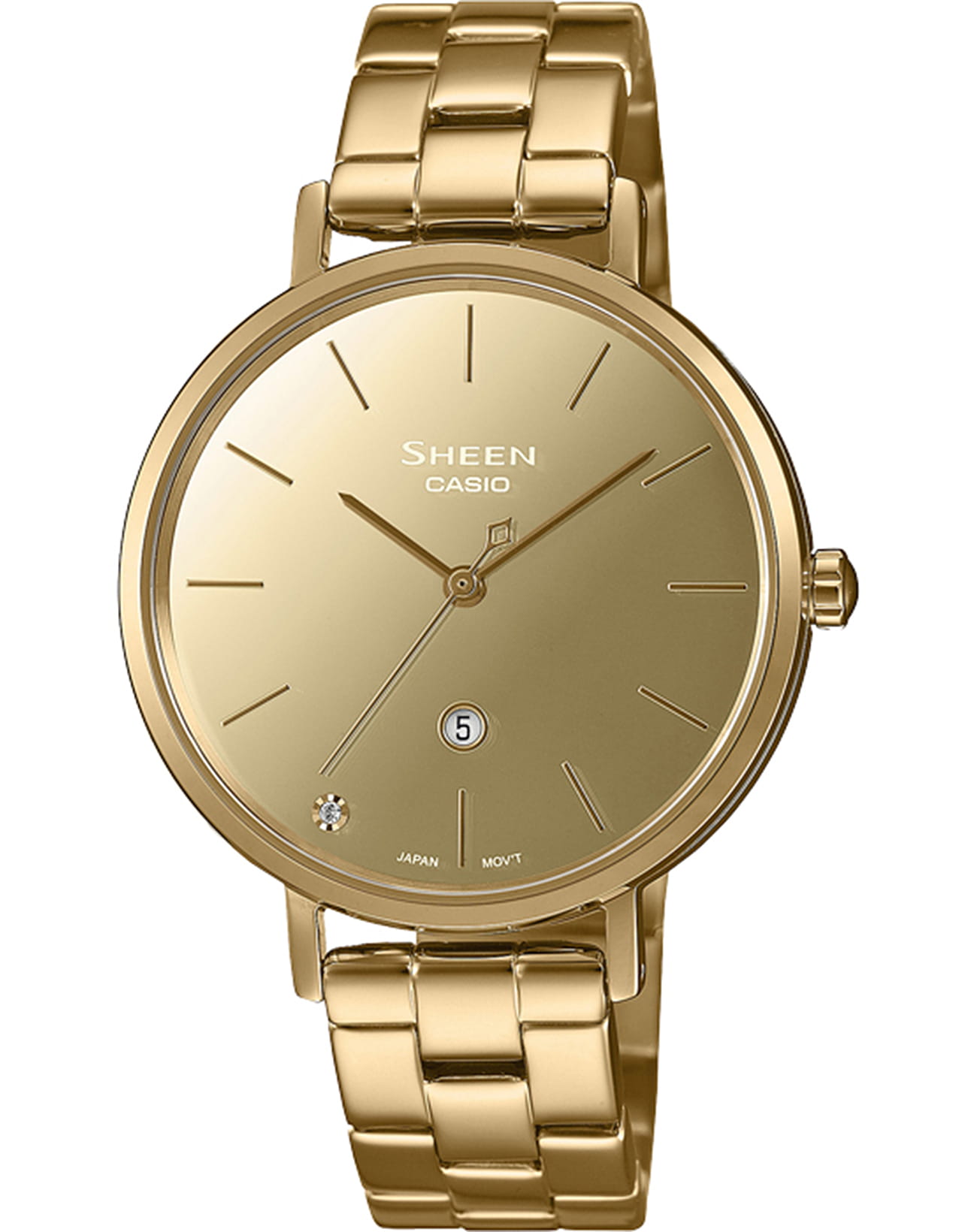 Casio Casio Sheen SHE-4544G-9AUDF  SHE-4544G-9A кварцевые женские часы золотой циферблат, браслет сталь с ip покрытием — вид спереди