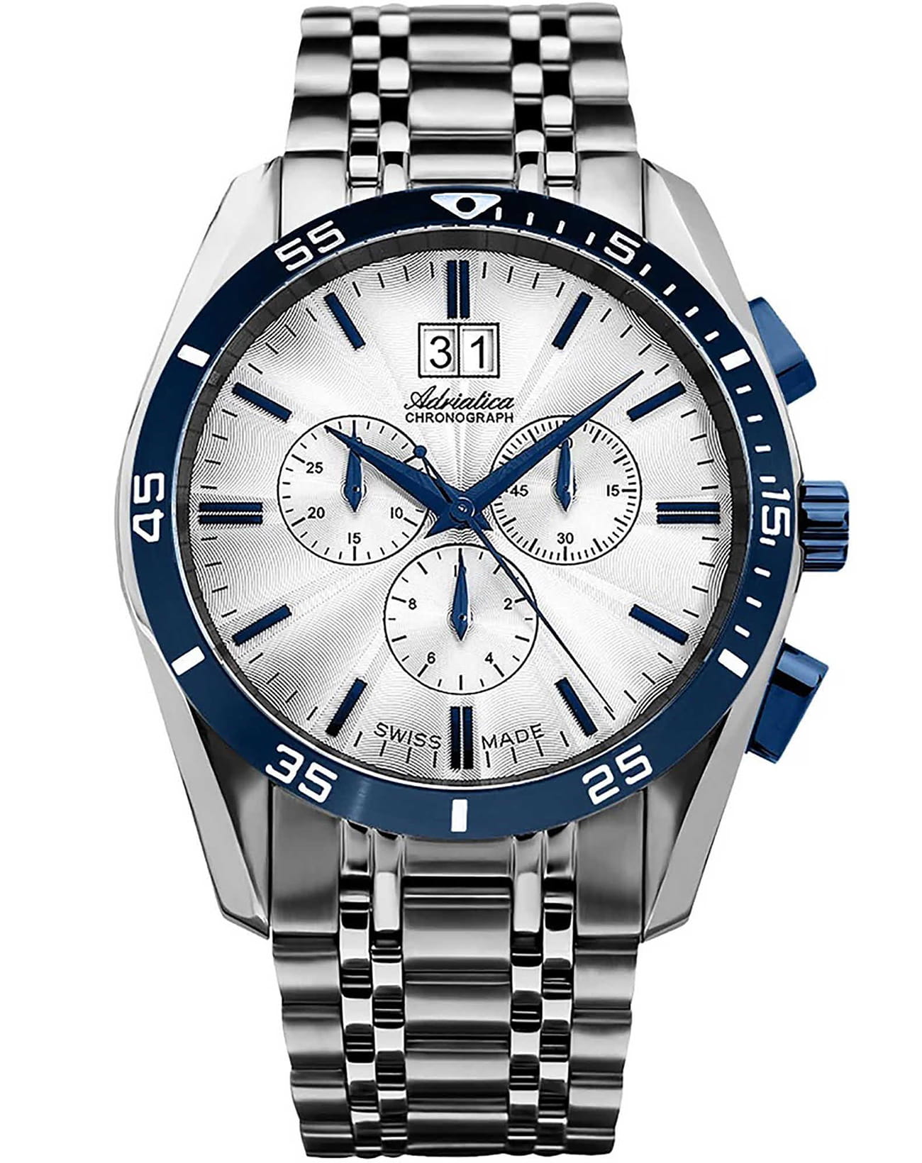 Adriatica Adriatica Chronograph A8202.T1B3CH  A8202.T1B3CH кварцевые мужские часы серебристый циферблат, браслет нержавеющая сталь — вид спереди