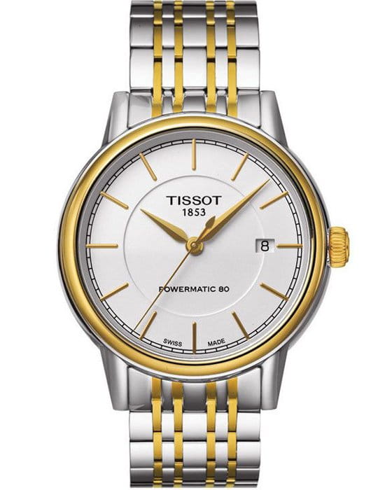 Tissot Tissot Carson Powermatic 80 T085.407.22.011.00 Carson T0854072201100 механические мужские часы белый циферблат, браслет сталь c pvd покрытием — вид спереди