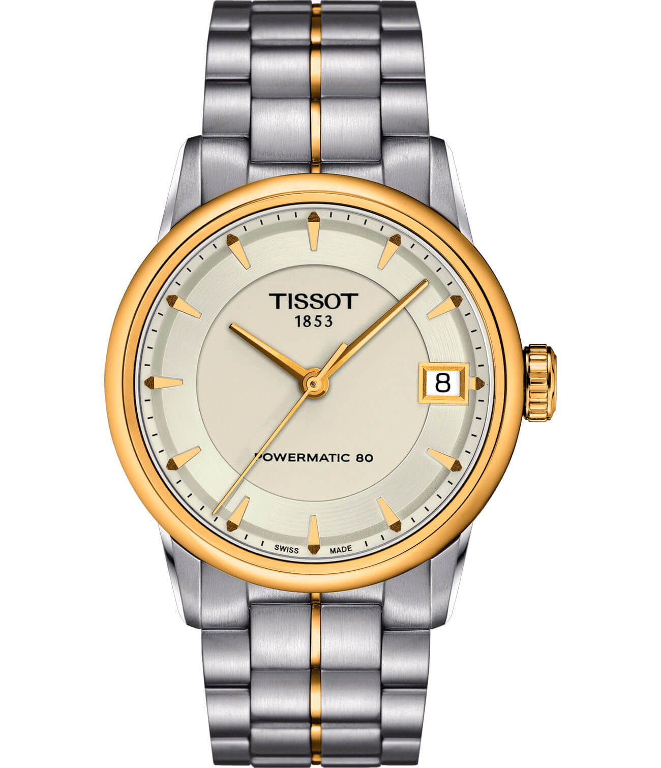 Tissot Tissot Luxury Powermatic 80 Lady T086.207.22.261.00  T0862072226100 механические женские часы белый циферблат, браслет сталь c pvd покрытием — вид спереди