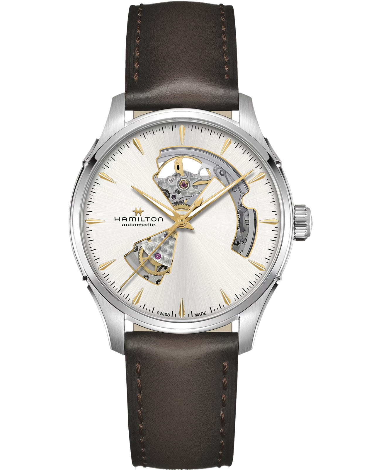 Hamilton Hamilton Jazzmaster Open Heart Auto H32675551  H32675551 механические мужские часы белый циферблат, браслет кожаный — вид спереди