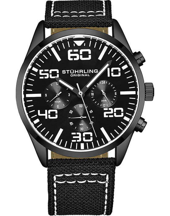 Stuhrling Stuhrling Aviator 4001.6  4001.6 кварцевые мужские часы черный циферблат, браслет тканевый — вид спереди
