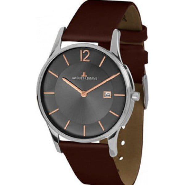 Jacques Lemans Jacques Lemans 1-1850E  1-1850E кварцевые мужские часы серый циферблат, браслет кожа + текстиль — вид спереди