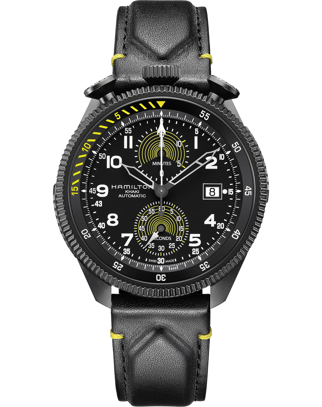 Hamilton Hamilton Khaki Aviation Takeoff Auto Chrono H76776733  H76776733 механические мужские часы черный циферблат, браслет кожаный — вид спереди