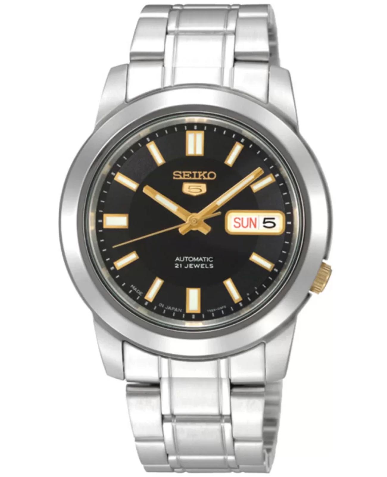 Seiko Seiko Seiko 5 SNKK17K1  SNKK17K1 механические мужские часы черный циферблат, браслет нержавеющая сталь — вид спереди