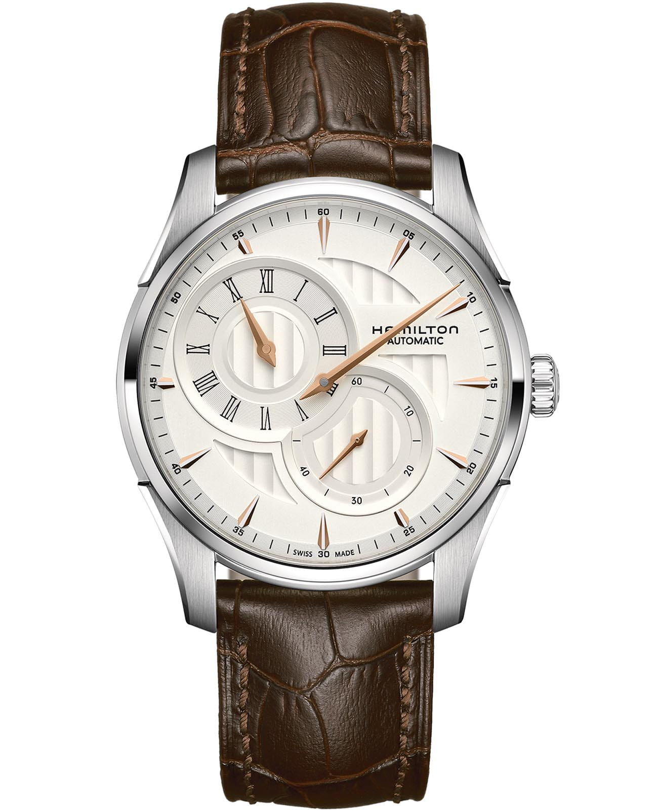 Hamilton Hamilton Jazzmaster Regulator Auto H42615551  H42615551 механические мужские часы белый циферблат, браслет кожаный — вид спереди