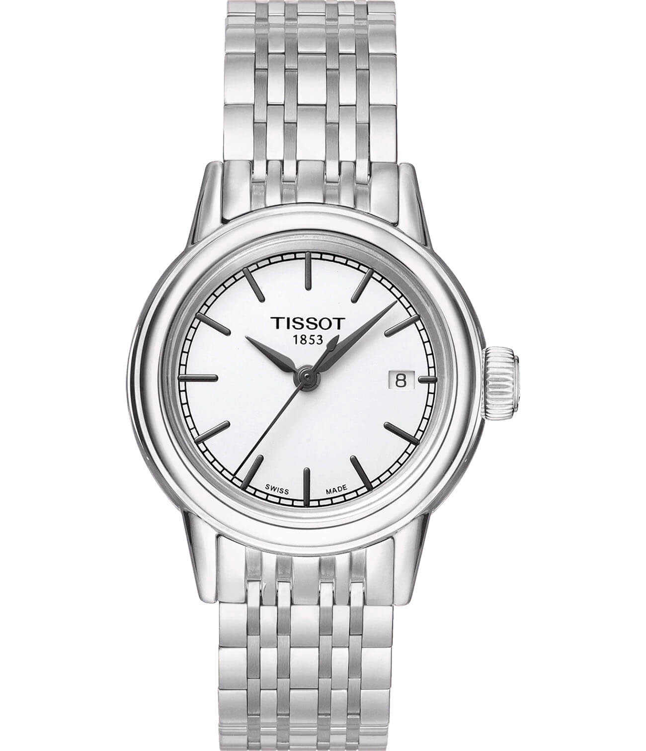 Tissot Tissot Carson Lady T085.210.11.011.00 Carson T0852101101100 кварцевые женские часы белый циферблат, браслет нержавеющая сталь — вид спереди
