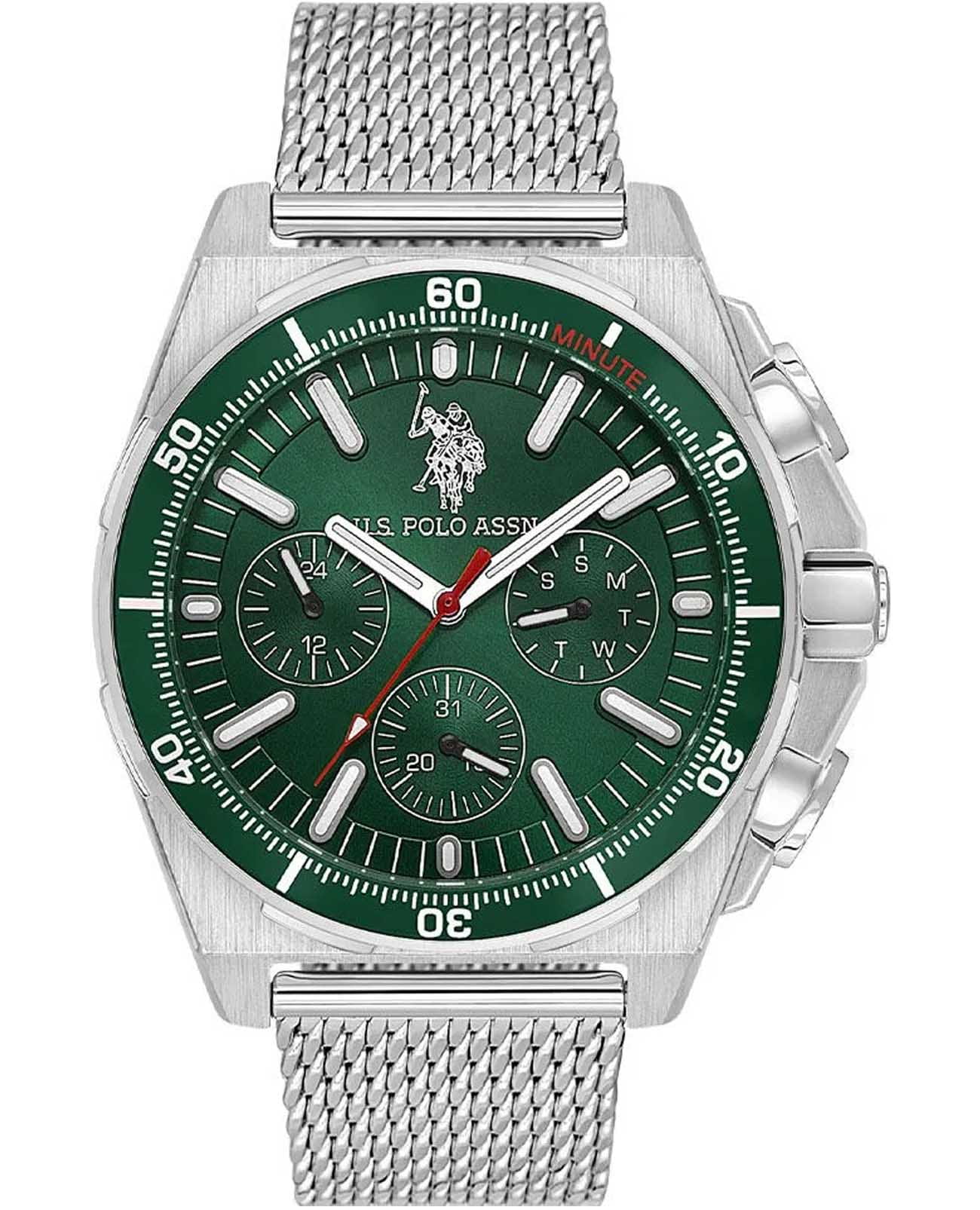 U.S. Polo Assn. U.S. Polo Assn. Crossing USPA1092-05  USPA1092-05 кварцевые мужские часы зеленый циферблат, браслет нержавеющая сталь — вид спереди