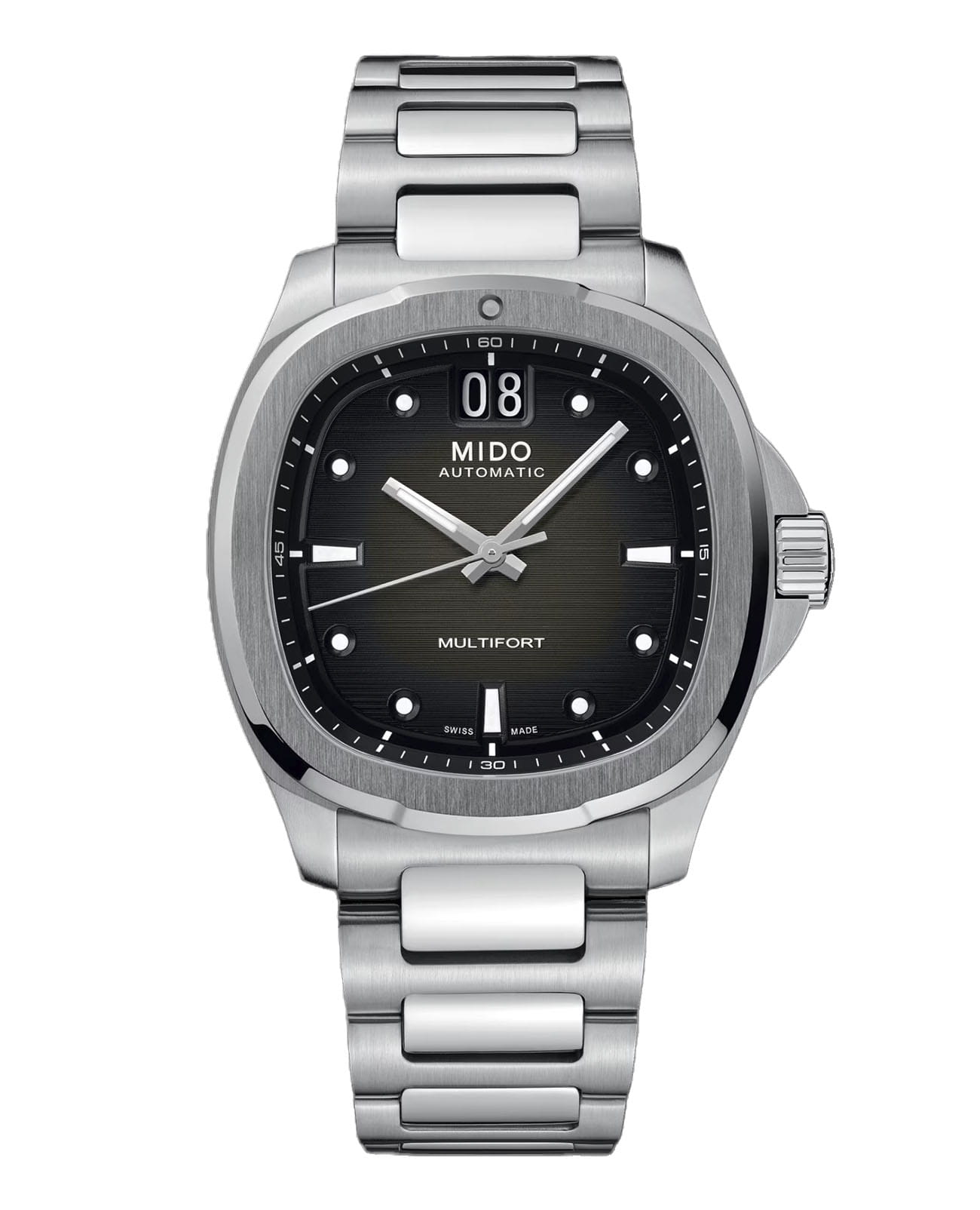 Mido Mido Multifort TV Big Date M049.526.11.081.00  M0495261108100 механические мужские часы черный циферблат, браслет нержавеющая сталь — вид спереди