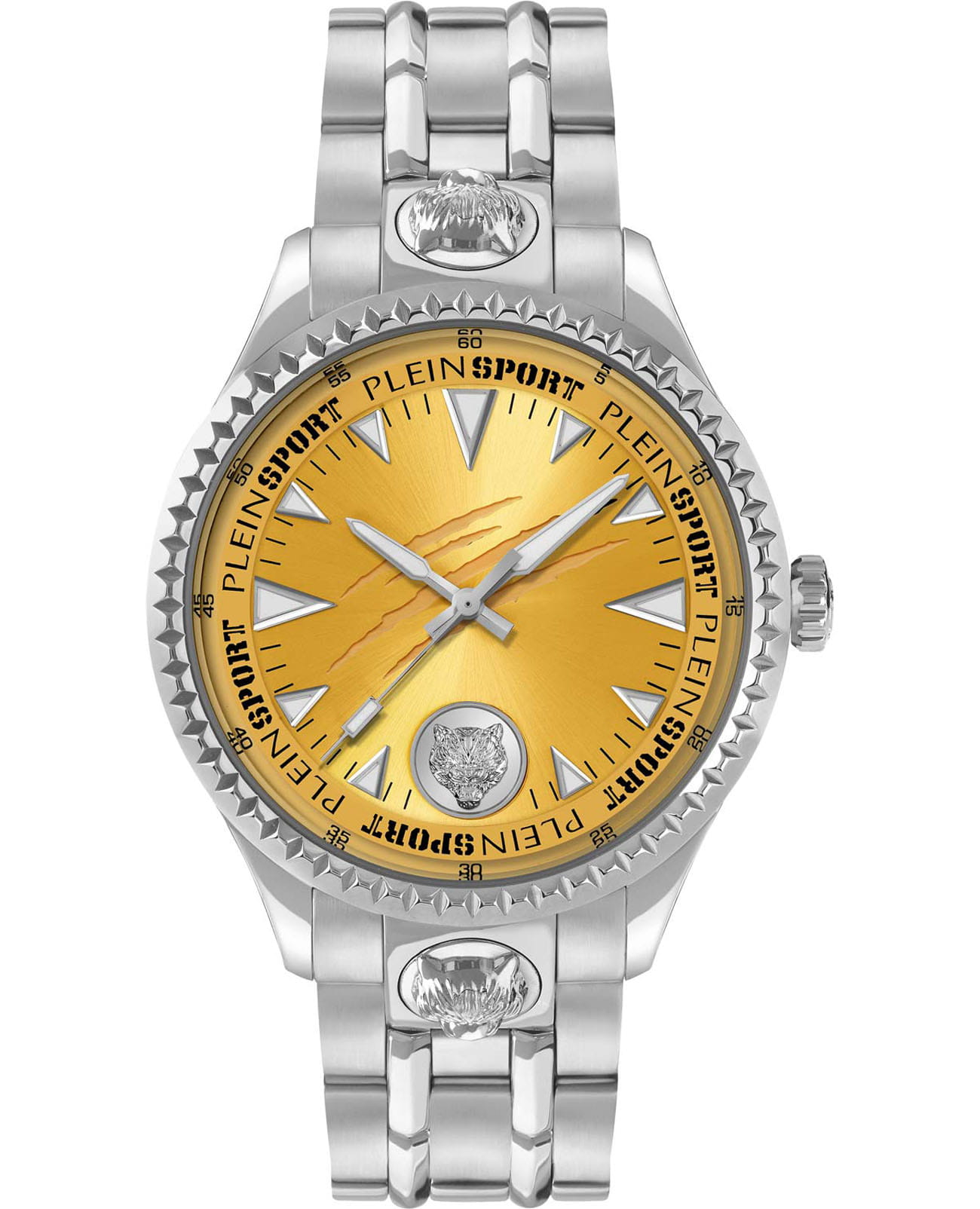 Plein Sport Plein Sport PS5BA0824  PS5BA0824 кварцевые мужские часы желтый циферблат, браслет нержавеющая сталь — вид спереди