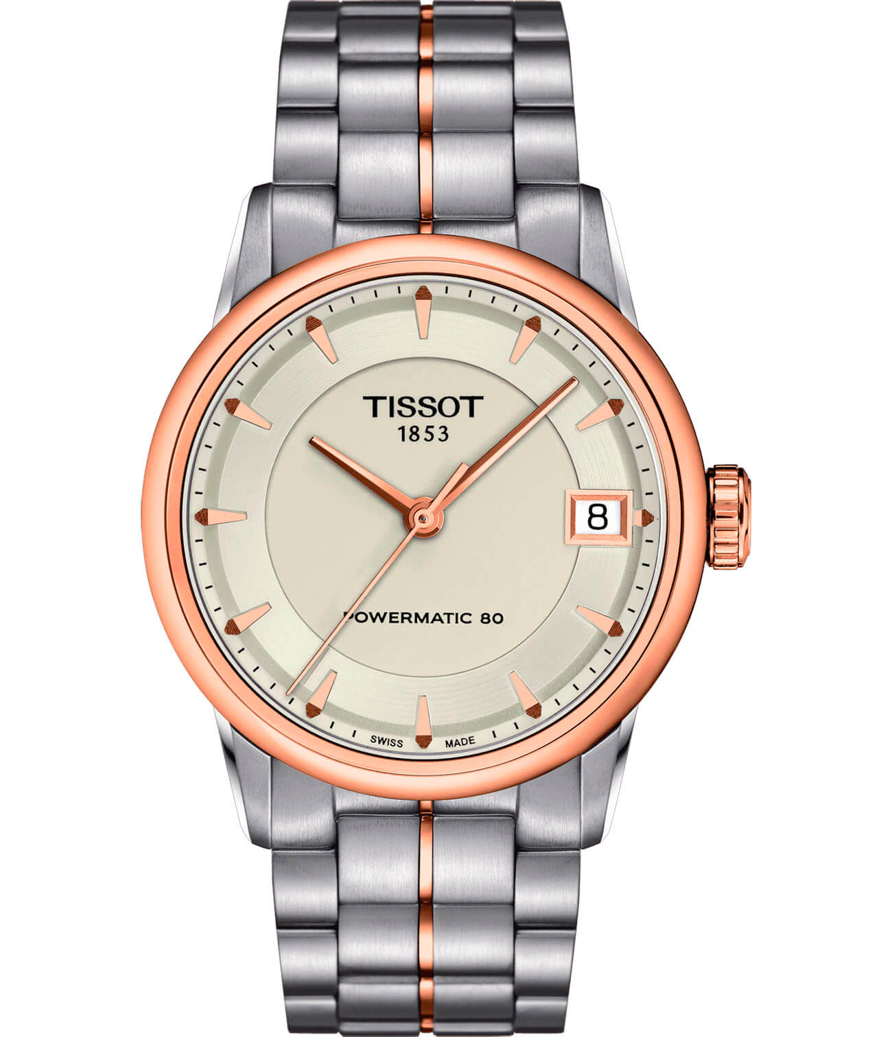 Tissot Tissot Luxury Powermatic 80 Lady T086.207.22.261.01  T0862072226101 механические женские часы белый циферблат, браслет сталь c pvd покрытием — вид спереди