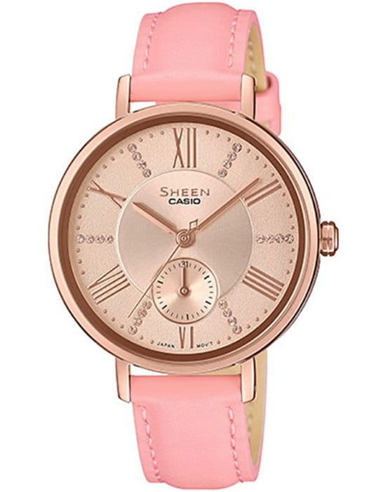 Casio Casio Sheen SHE-3066PGL-4AUEF  SHE-3066PGL-4A кварцевые женские часы розовый циферблат, браслет кожаный — вид спереди