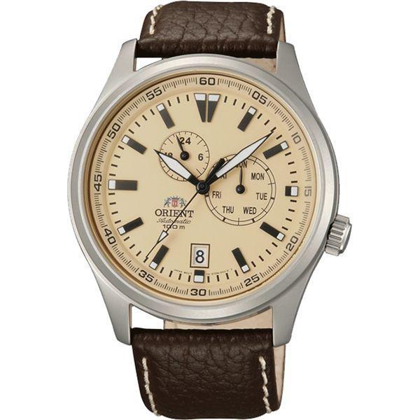 Orient Orient ET0N003Y (FET0N003Y)  FET0N003Y механические мужские часы бежевый циферблат, браслет кожа + текстиль — вид спереди