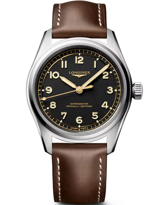 Longines Longines Spirit Pilot 39 mm L3.809.4.53.2  L38094532 механические мужские часы черный циферблат, браслет кожаный — вид спереди