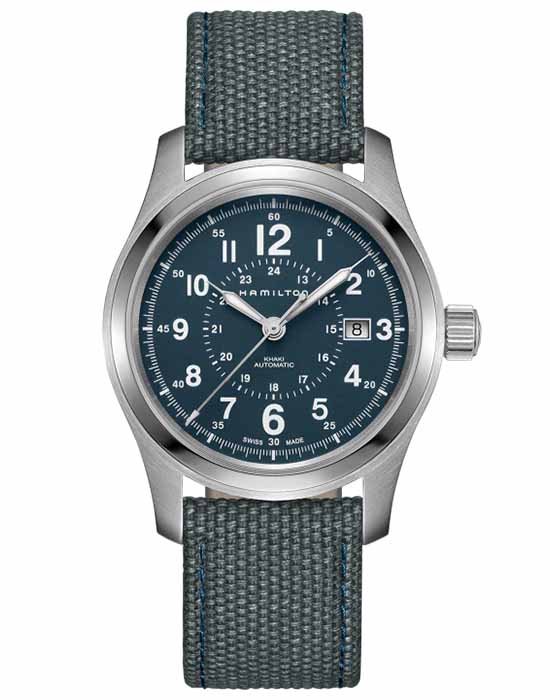 Hamilton Hamilton Khaki Field Auto H70605943  H70605943 механические мужские часы синий циферблат, браслет тканевый — вид спереди