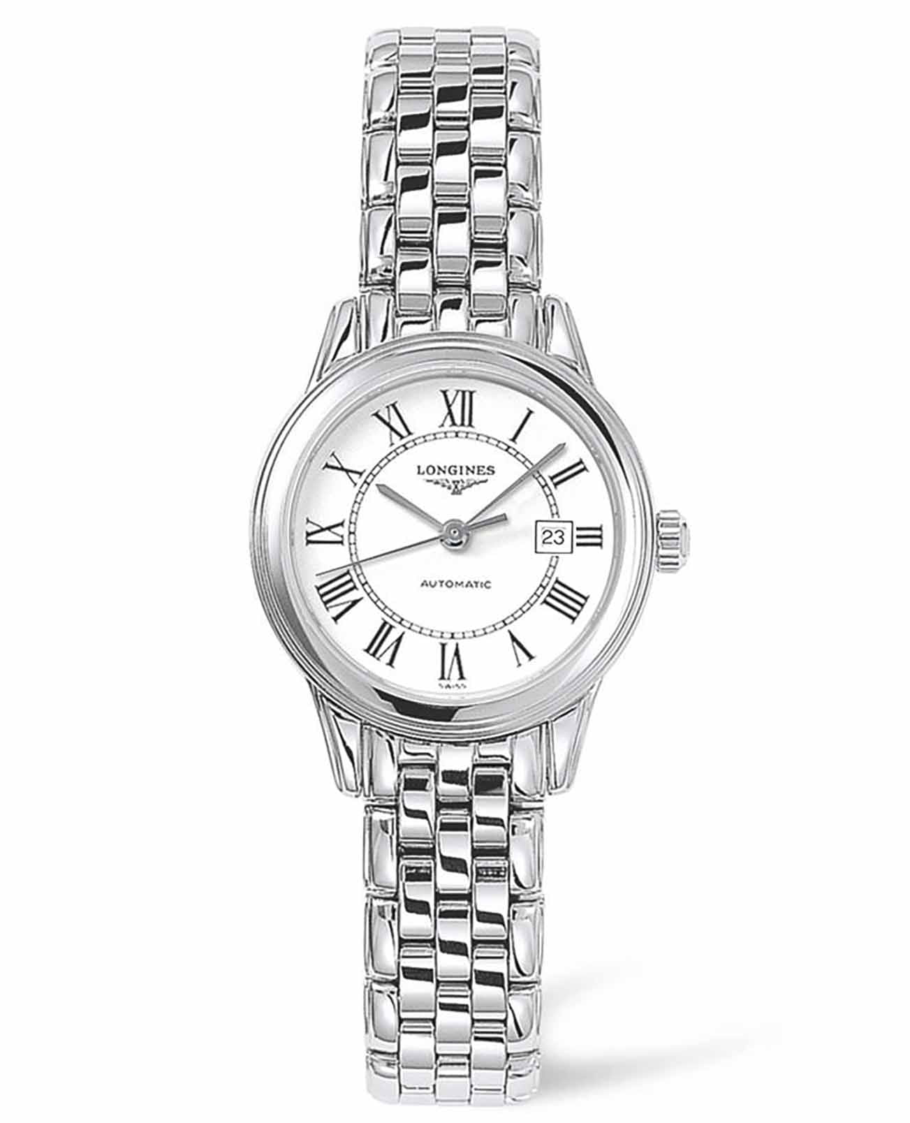 Longines Longines Flagship L4.374.4.21.6  L43744216 механические женские часы белый циферблат, браслет нержавеющая сталь — вид спереди