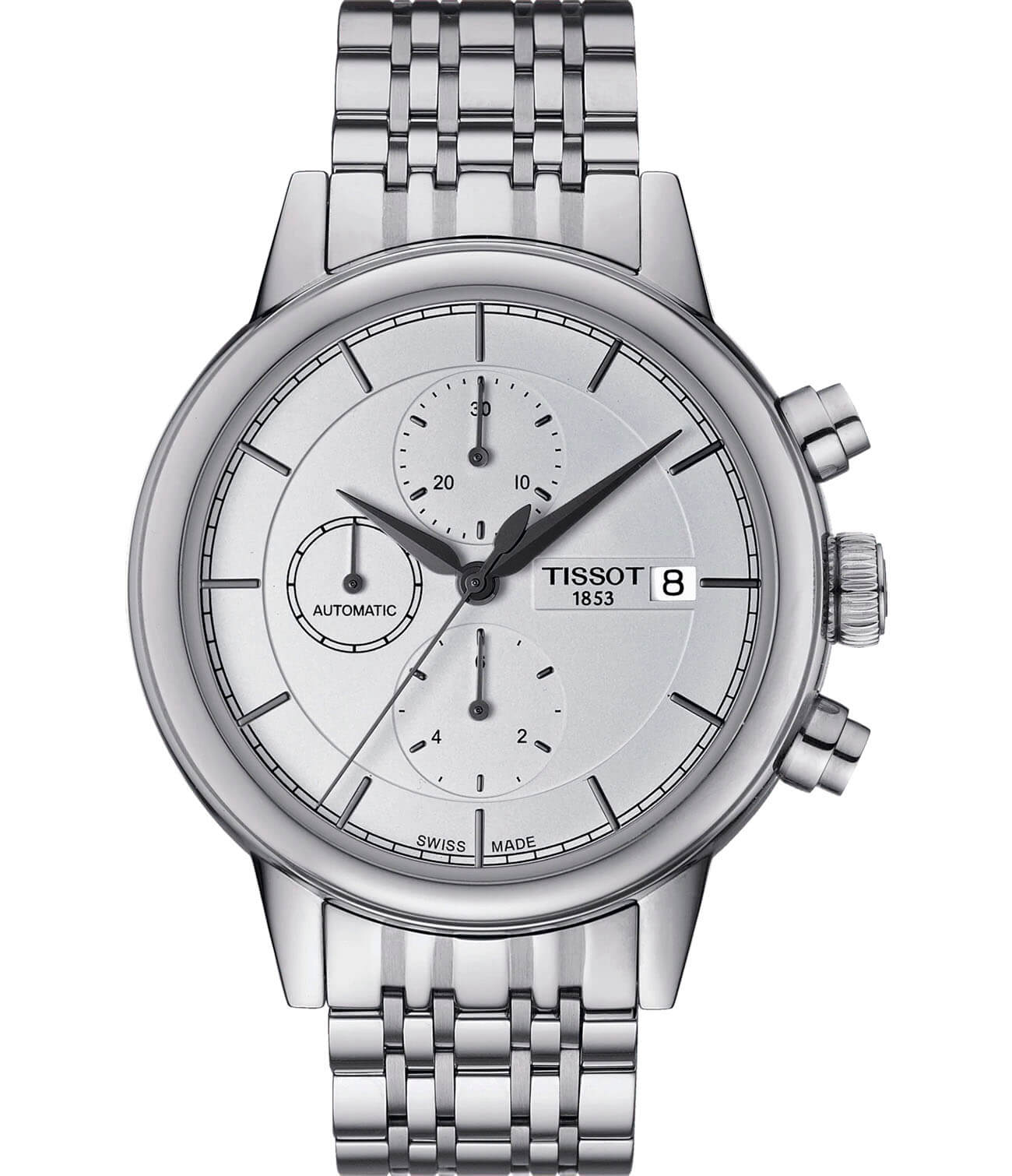 Tissot Tissot Carson Automatic Chronograph T085.427.11.011.00 Carson T0854271101100 механические мужские часы белый циферблат, браслет нержавеющая сталь — вид спереди