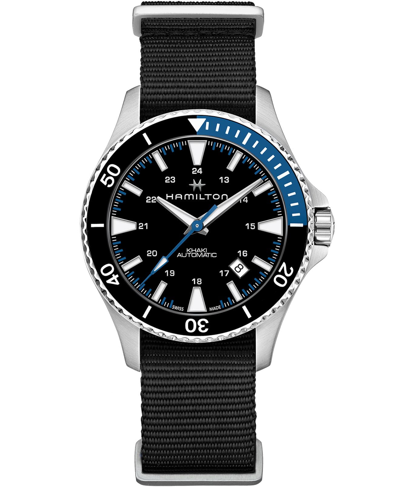 Hamilton Hamilton Khaki Navy Scuba Auto H82315931  H82315931 механические мужские часы черный циферблат, браслет тканевый — вид спереди