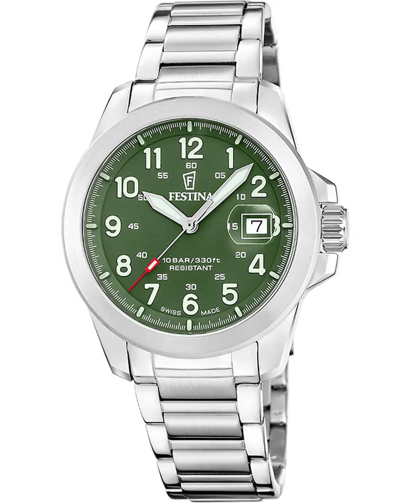Festina Festina Swiss Made F20081/3  F20081/3 кварцевые мужские часы зеленый циферблат, браслет нержавеющая сталь — вид спереди