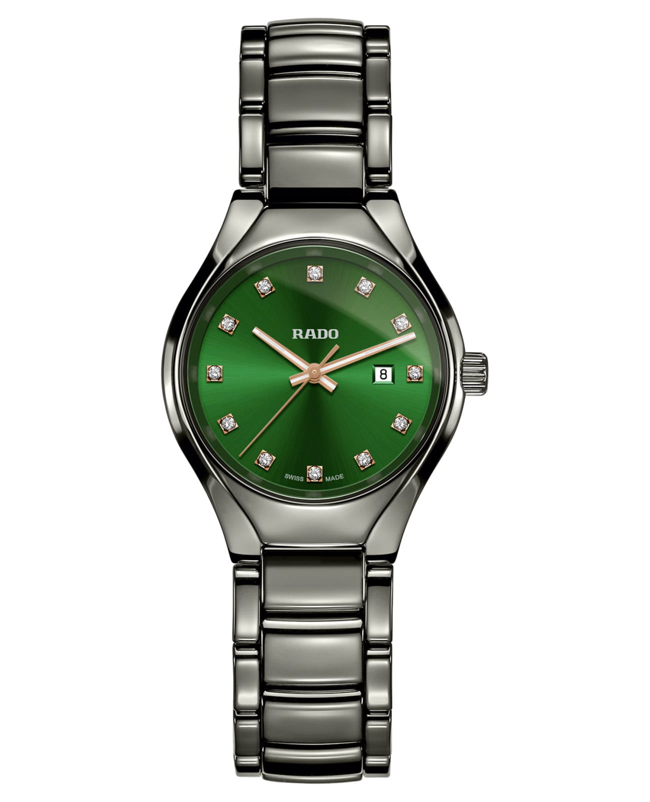 Rado Rado True Diamonds R27060742  R27060742 кварцевые женские часы зеленый циферблат, браслет плазменная керамика — вид спереди