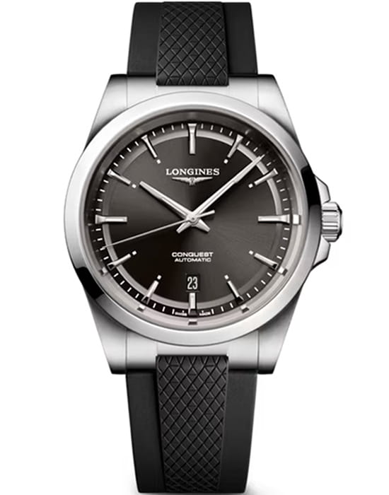 Longines Longines Conquest L3.830.4.52.9  L38304529 механические мужские часы черный циферблат, браслет каучук — вид спереди