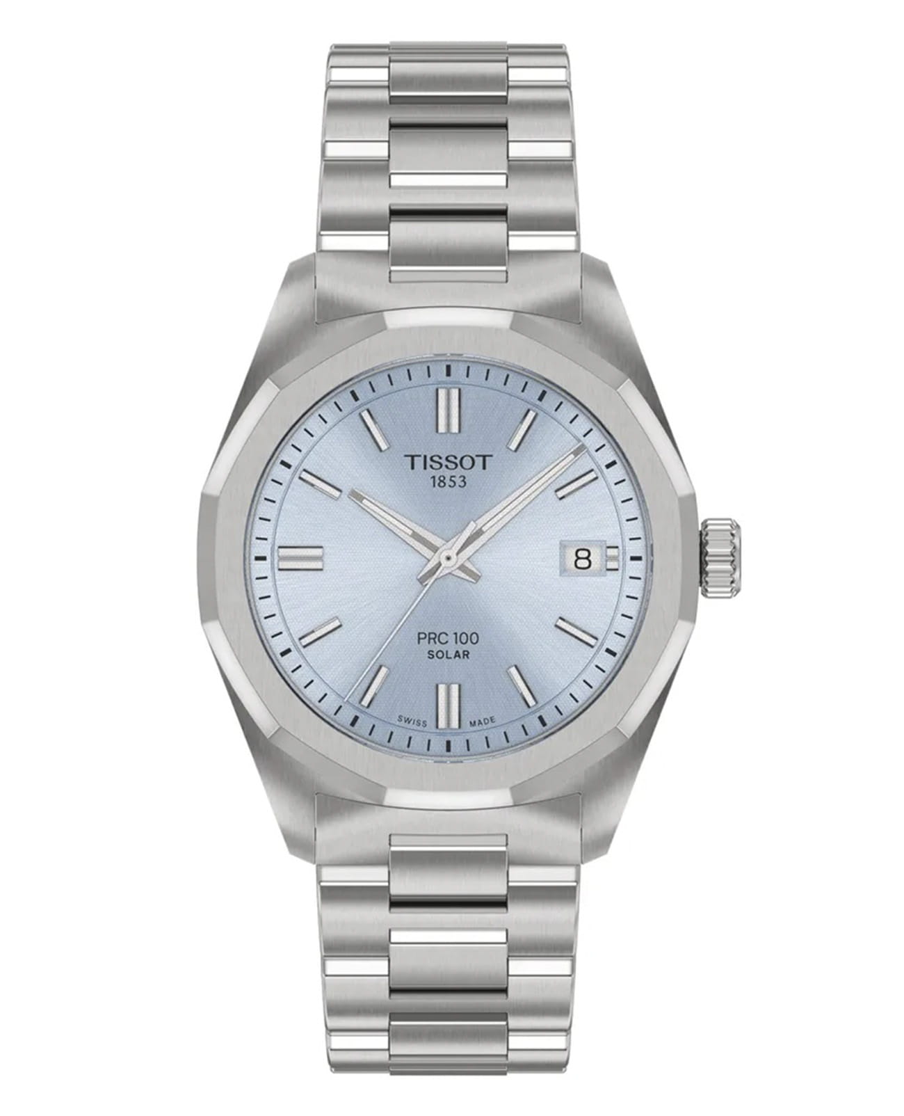 Tissot Tissot PRC 100 Solar Quartz 34mm T151.822.11.351.00 PRC 100 Solar T1518221135100 кварцевые женские часы голубой циферблат, браслет нержавеющая сталь — вид спереди
