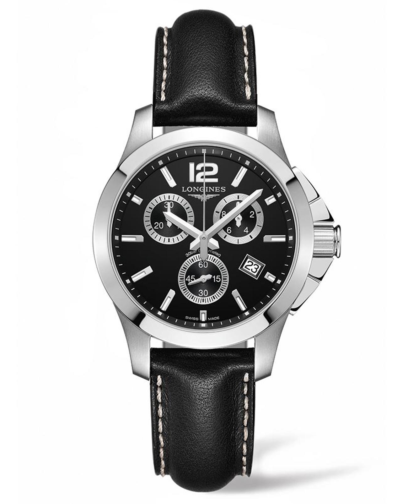 Longines Longines Conquest L3.379.4.56.3  L33794563 кварцевые мужские часы черный циферблат, браслет кожаный — вид спереди