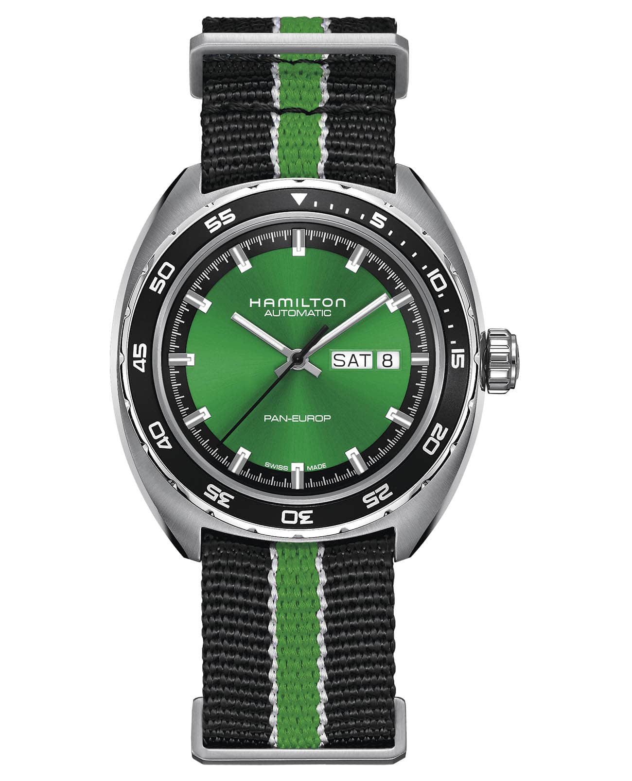 Hamilton Hamilton American ClassicPan Europ Day Date Auto H35415761  H35415761 механические мужские часы зеленый циферблат, браслет каучук — вид спереди
