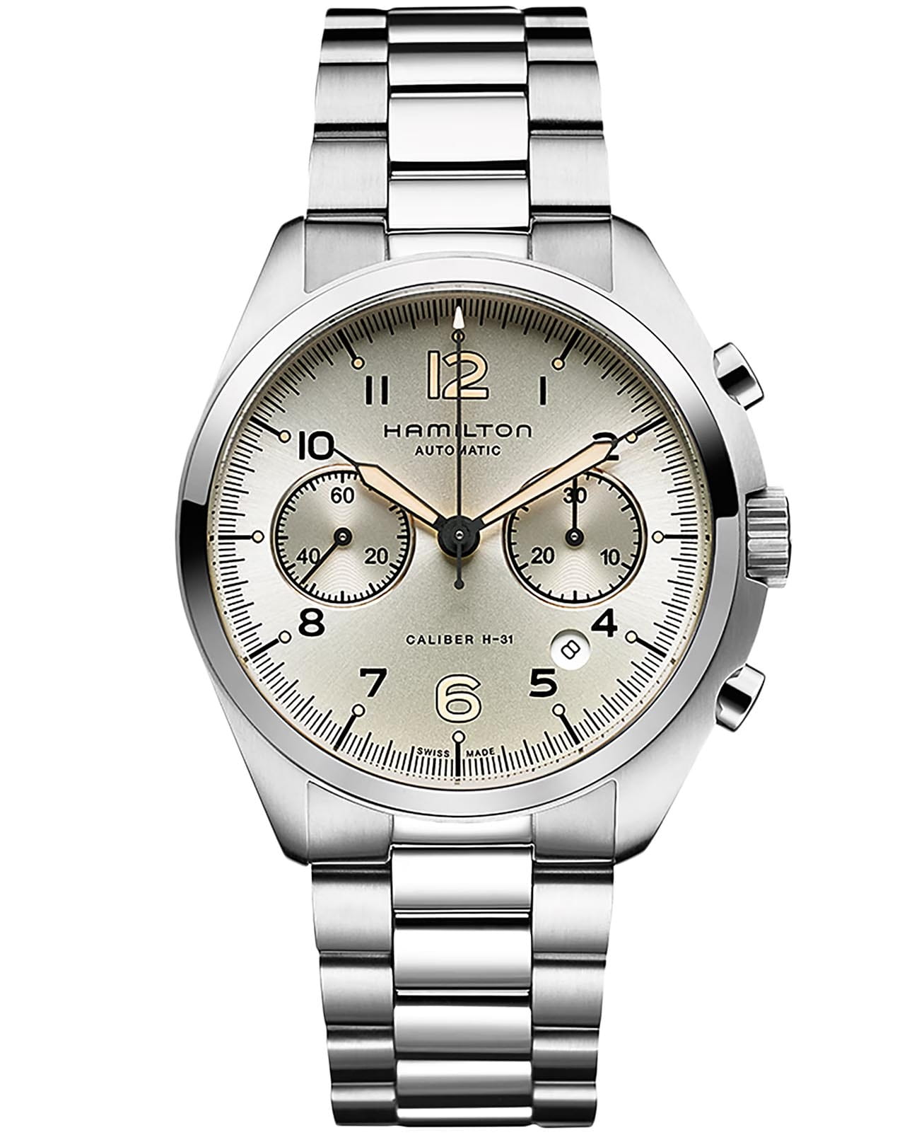 Hamilton Hamilton Khaki Aviation Pilot Pioneer Auto Chrono H76416155  H76416155 механические мужские часы бежевый циферблат, браслет нержавеющая сталь — вид спереди