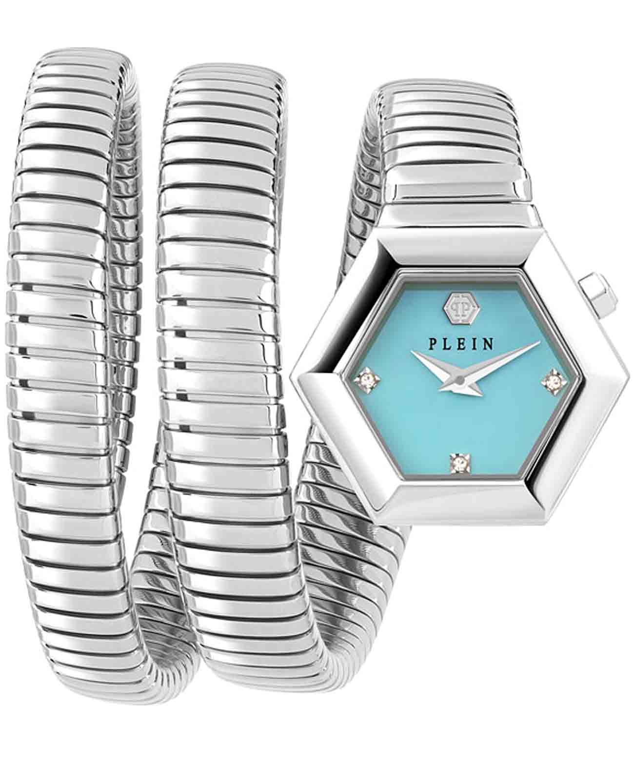 Philipp Plein Philipp Plein Snake Hexagon PWZAA0625  PWZAA0625 кварцевые женские часы голубой циферблат, браслет нержавеющая сталь — вид спереди